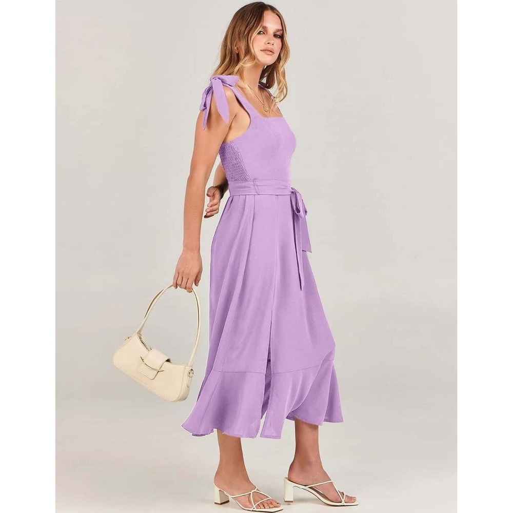 Anrabess Lavender Satin Tie Shoulder Smocked Back Ruffle Hem Maxi Dress Medium